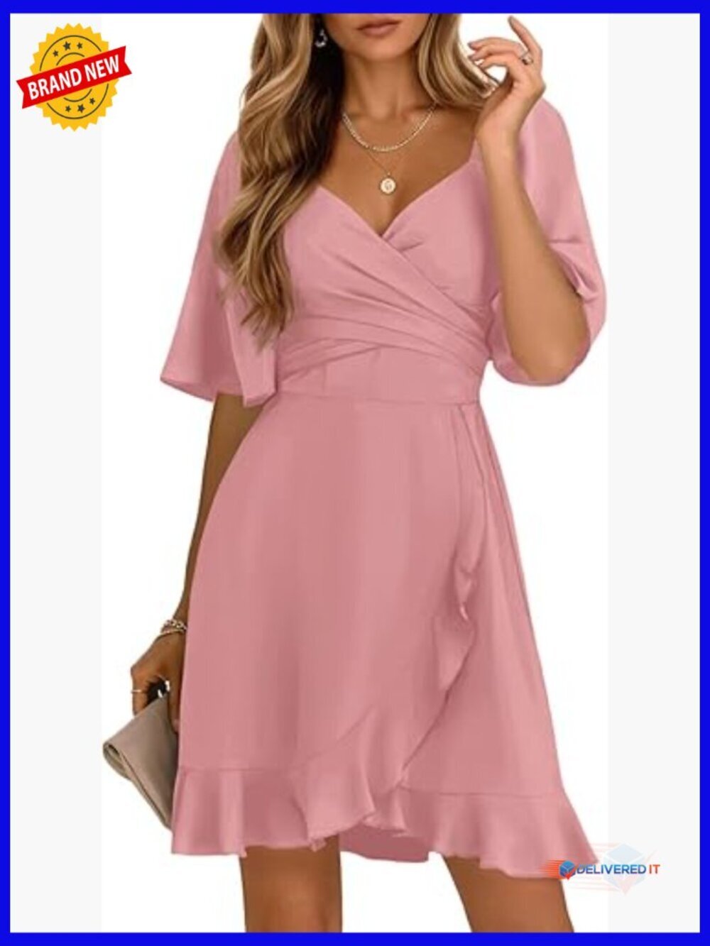 Wrap V-Neck Mini Dress with Flared Sleeves, Smocked Back, Elastic Waist